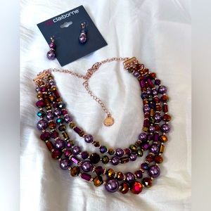 Liz Claiborne Necklace & Earring Set Dark Iridescent Faux Pearl Bead Crystal